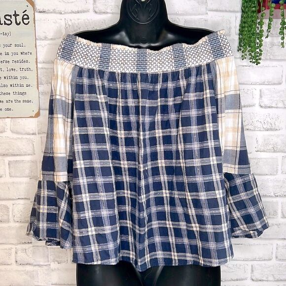 LOFT Off The Shoulder Plaid Flare Sleeves Shirt Top Blouse Boho Hippie Small - Picture 6 of 8